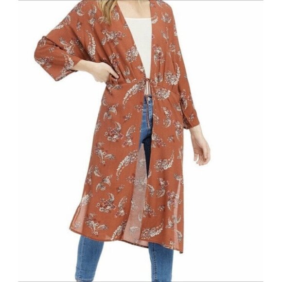 Anama Women's Rust Floral Long Sleeve Open Front‎ Maxi Kimono Size Large - Picture 1 of 11